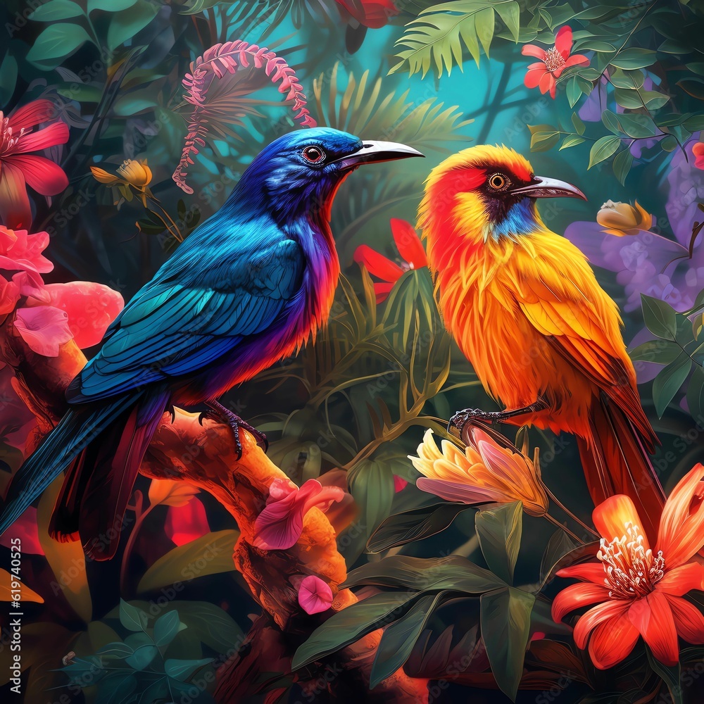 two colorful birds on top of a colorful tree branch in a garden