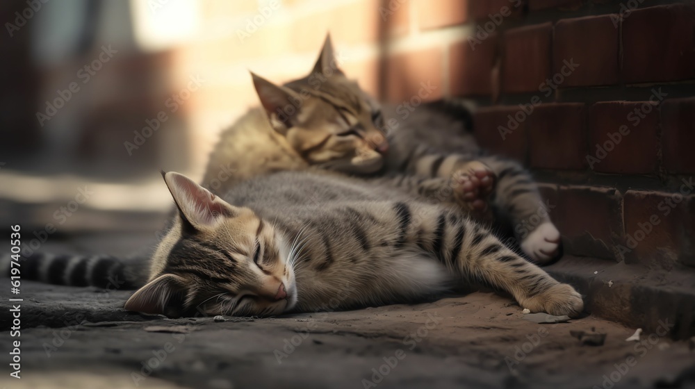 AI generated illustration of two cats cuddling and sleeping on the street against a brick wall AI generated illustration of two cats cuddling and sleeping on the street against a brick wall