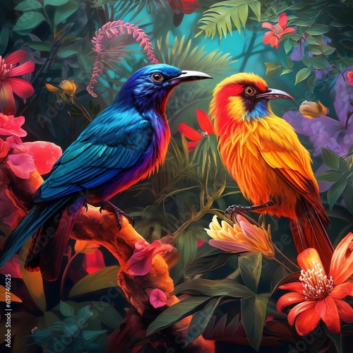 two colorful birds on top of a colorful tree branch in a garden