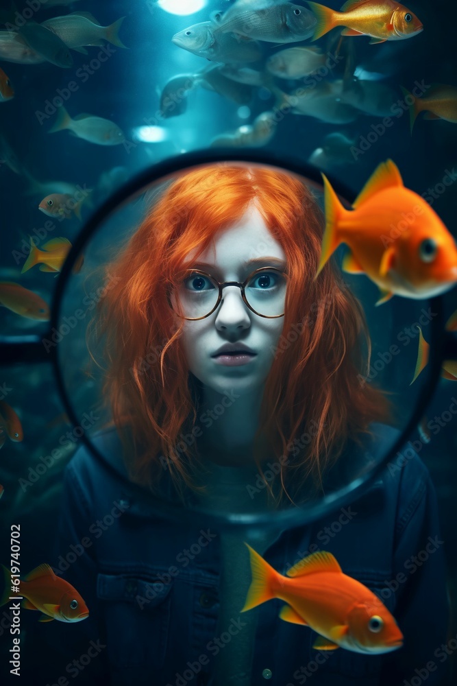 Portrait of a redheaded girl with a curious expression surrounded by golden fish. AI-generated.