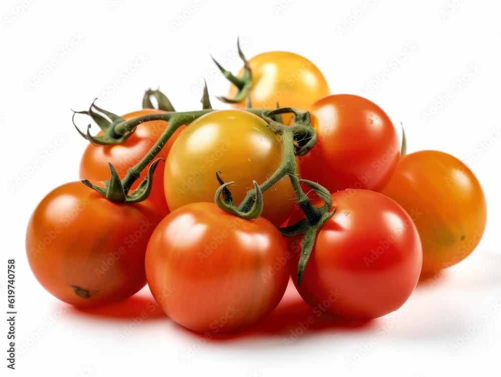Array of ripe tomatoes isolated on a white background. AI-generated.