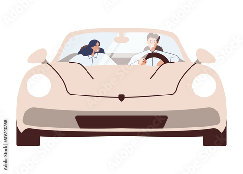 Happy romantic couple traveling by car. People in cabrio at road trip. Man driving convertible with woman. Summer auto ride in open top. Flat vector illustration isolated on white background