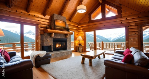 AI generated spacious and cozy living room with a fireplace and view of the mountain range