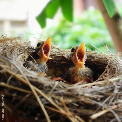 AI generated illustration of a rustic bird nest with two small fledglings, atop a wooden branch