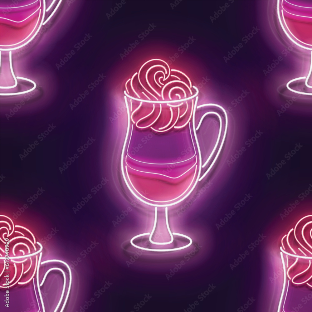 Seamless pattern with glow Cup of Cappuchino or Latte. Coffee House Label. Espresso, Americano Drink. Neon Light Texture, Signboard. Glossy Background. Vector 3d Illustration Seamless pattern with glow Cup of Cappuchino or Latte. Coffee House Label. Espresso, Americano Drink. Neon Light Texture, Signboard. Glossy Background. Vector 3d Illustration