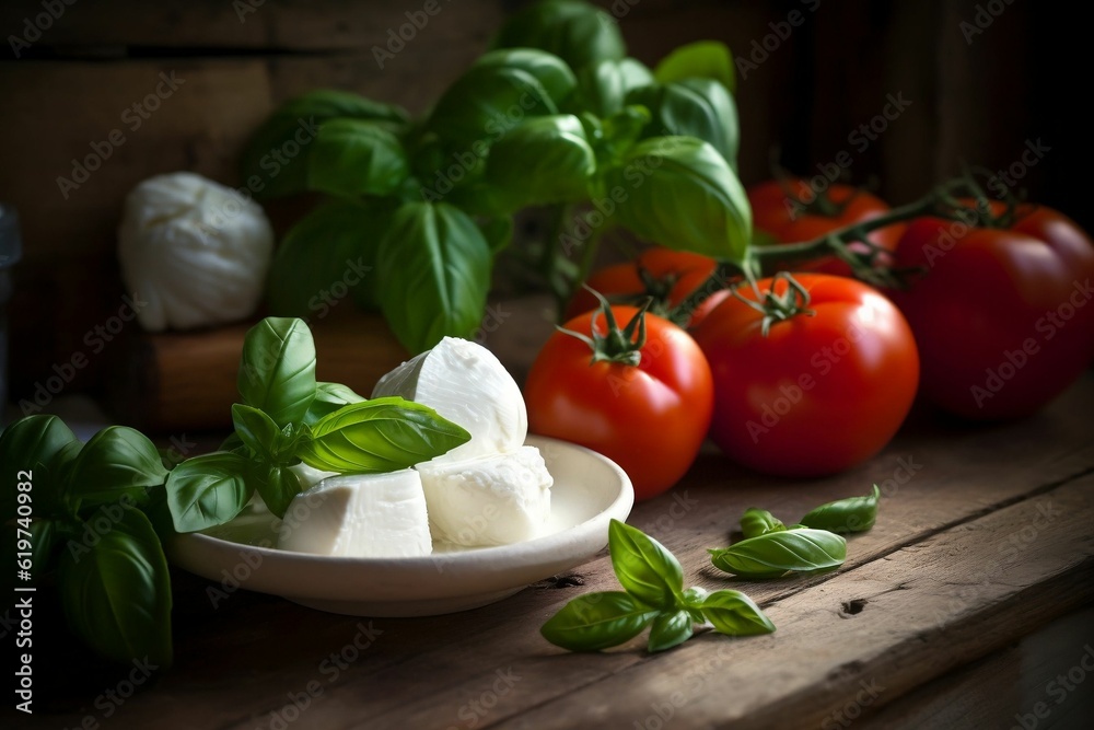 AI-generated illustration of feta cheese with ripe tomatoes and basil leaves. AI-generated illustration of feta cheese with ripe tomatoes and basil leaves.