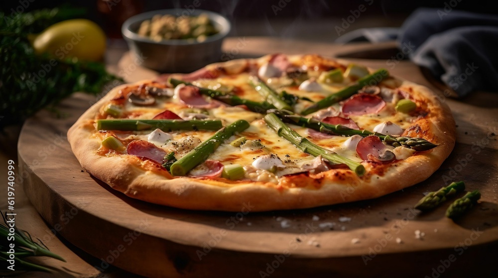 AI generated illustration of a delicious Italian pizza with asparagus and salami