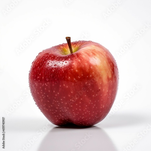 AI generated illustration of a red apple covered in waterdrops on a white background