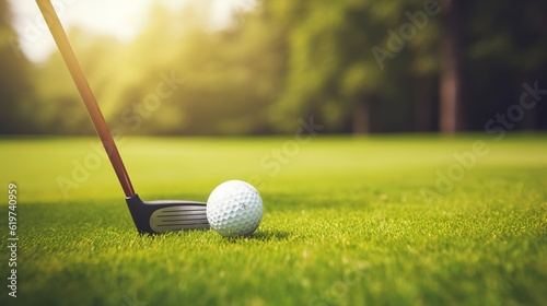 golf club and ball on green grass with generative ai