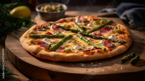 AI generated illustration of a delicious Italian pizza with asparagus and salami