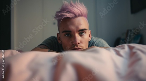 AI generated illustration of a young man lying down in bed with bright pink hair