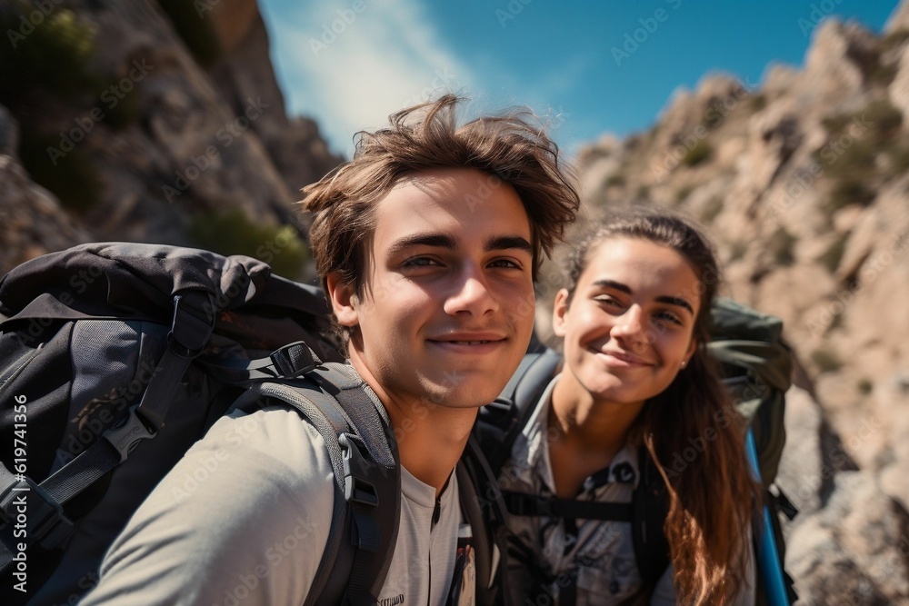 AI generated illustration of a smiling couple hiking on a mountain