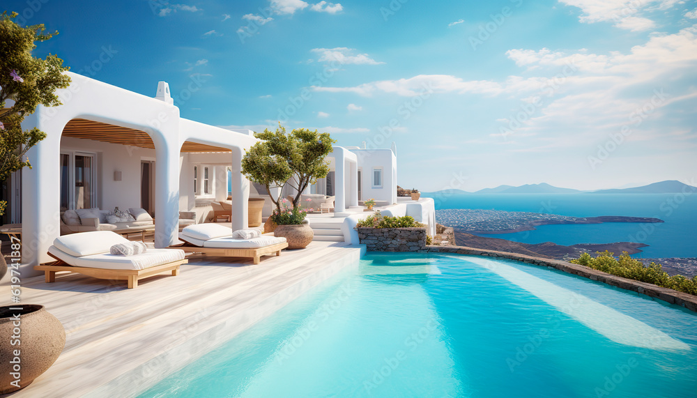 Traditional mediterranean white house with pool on hill with stunning sea view. Summer vacation background