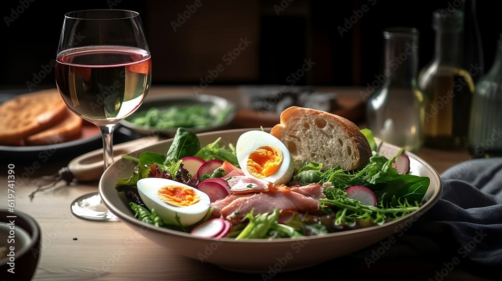 AI-generated illustration of an appetizing bowl of salad composed of herbs, eggs, and ham.