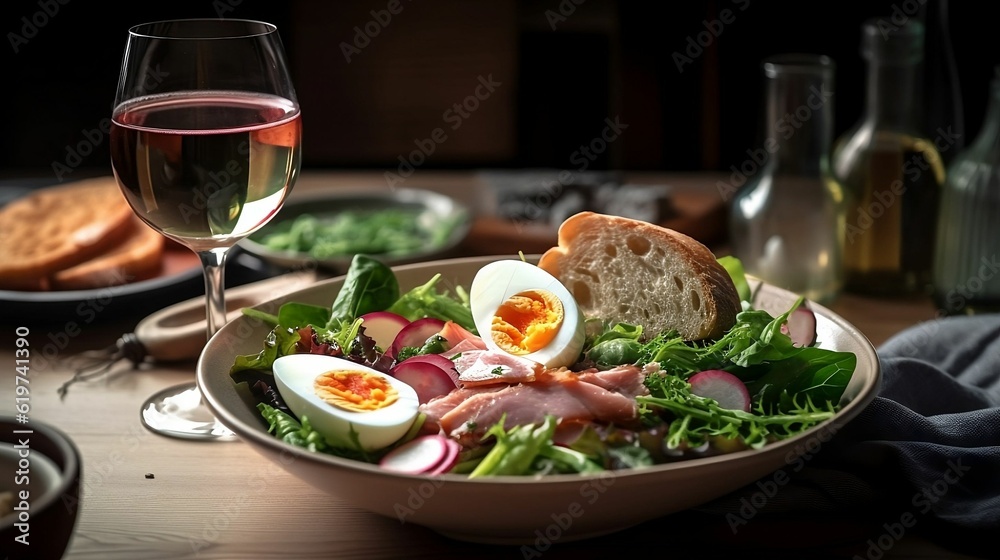 AI-generated illustration of an appetizing bowl of salad composed of herbs, eggs, and ham. AI-generated illustration of an appetizing bowl of salad composed of herbs, eggs, and ham.