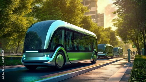 AI generated image of electric buses driving down a suburban street surrounded by trees and greenery