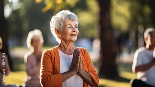 AI generated illustration of a group of elder women practicing yoga outdoors