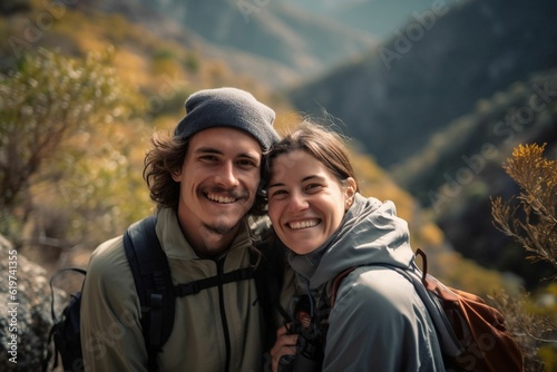 AI generated illustration of a smiling couple hiking on a mountain