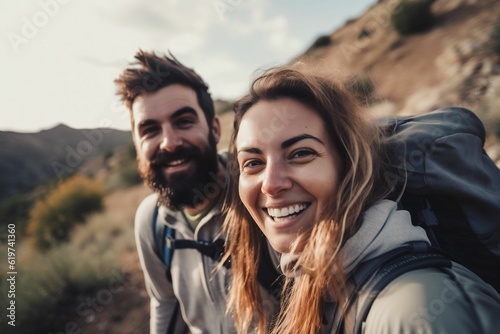 AI generated illustration of a smiling couple hiking on a mountain © Kate73/Wirestock Creators