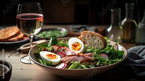 AI-generated illustration of an appetizing bowl of salad composed of herbs  eggs  and ham.