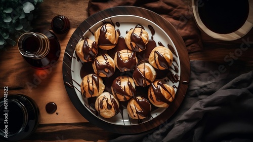 AI-generated illustration of a plate of profiterole with chocolate cream.