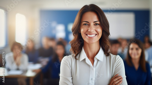Female Teacher standing in front of Classroom