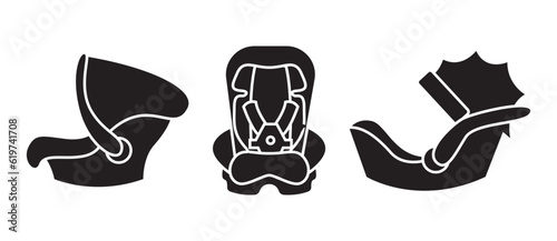 Safety baby car seats collection. Different type of childseat set. Silhouette style. Isolated objects. Safely secure for kids in car seats. Safe travel concept. Vector illustration on white background