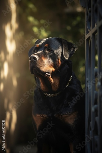 AI-generated illustration of an adorable  Rottweiler stands near the fence in the shade