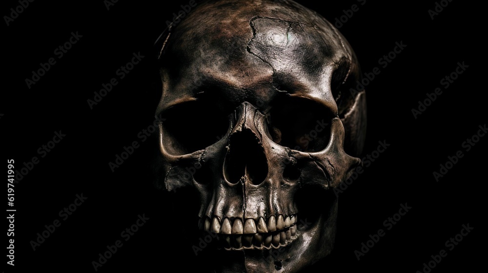 Fototapeta premium AI generated illustration of a human skull illuminated in a dark