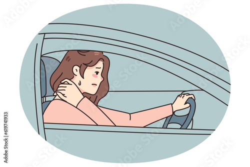 Unhealthy woman driving suffering from neck spasm from sedentary position. Unwell tired female driver struggle with backache or pain, have muscle strain. Flat vector illustration.