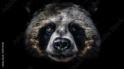 AI generated illustration of a close-up portrait of a panda against a dark background