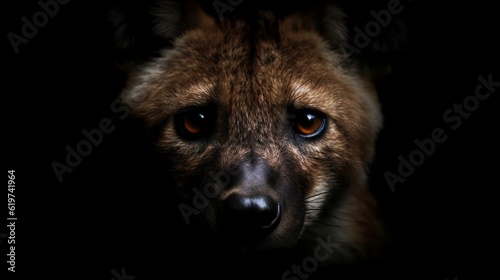 AI generated illustration of a close-up portrait of a hyena against a dark background