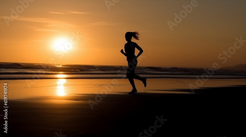 Silhouette of woman running along the seashore