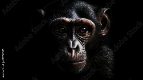 AI generated illustration of a close-up portrait of a black monkey against a dark background © Akamaru Gatsuga/Wirestock Creators