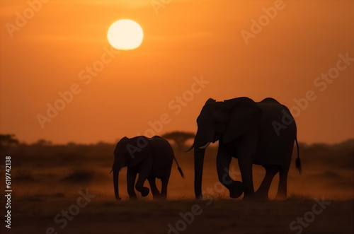 Silhouette of elephant and baby elephant in the rays of sunset
