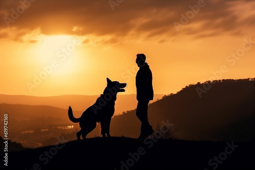 Silhouette of man and dog in the sunset