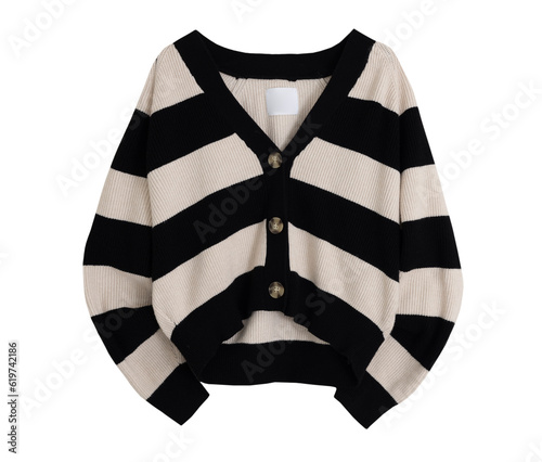 Knitted stripped women's cardigan. Trendy stylish fashion sweater isolated on white. photo