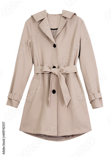 Beige female elegant trench coat isolated on white.