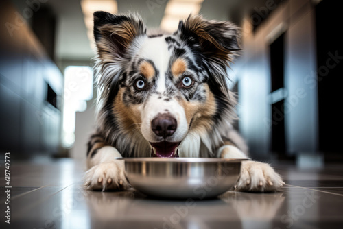 portrait of Australian Shepherd dog with food bowl inside a house.