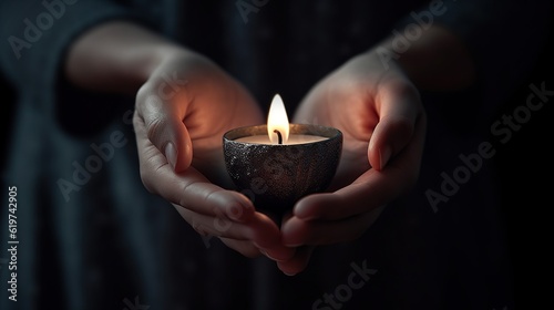 Closeup shot of human hands holding a small candle