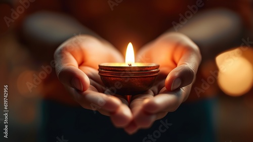 Closeup shot of human hands holding a small candle