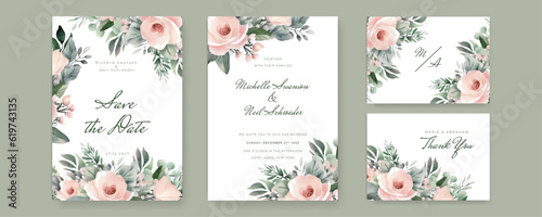 Watercolor wedding invitation card template with floral and leaves decoration