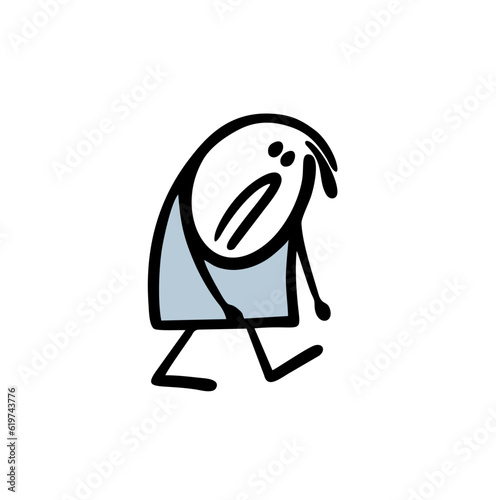 Doodle very tired stickman walks with a sad face and lowered hands. Vector illustration of person in depression.
