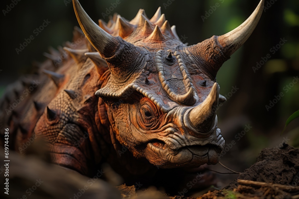 Fototapeta premium Close-Up of Bagaceratops, Natural light, Generative AI