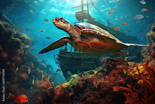 Underwater scene with sea turtle gracefully emerging from sunken shipwreck, surrounded tropical fish © Postproduction