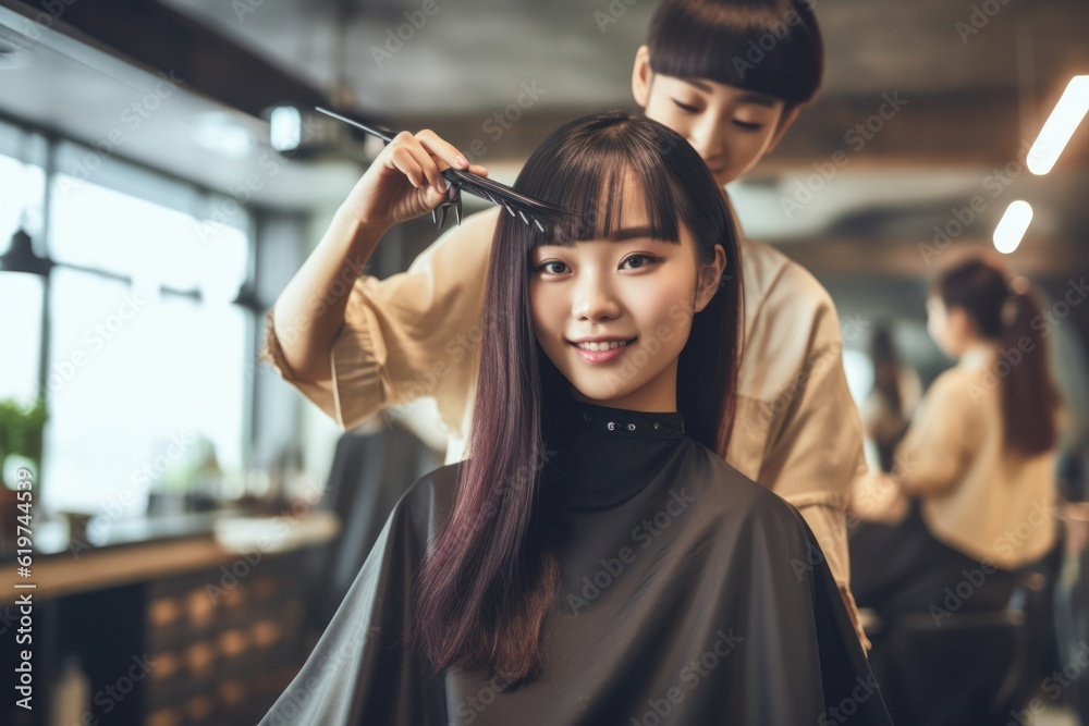 Naklejka premium Barber occupation service: Skilled Asian Hairdresser using precision scissors to create a trendy haircut for a young woman