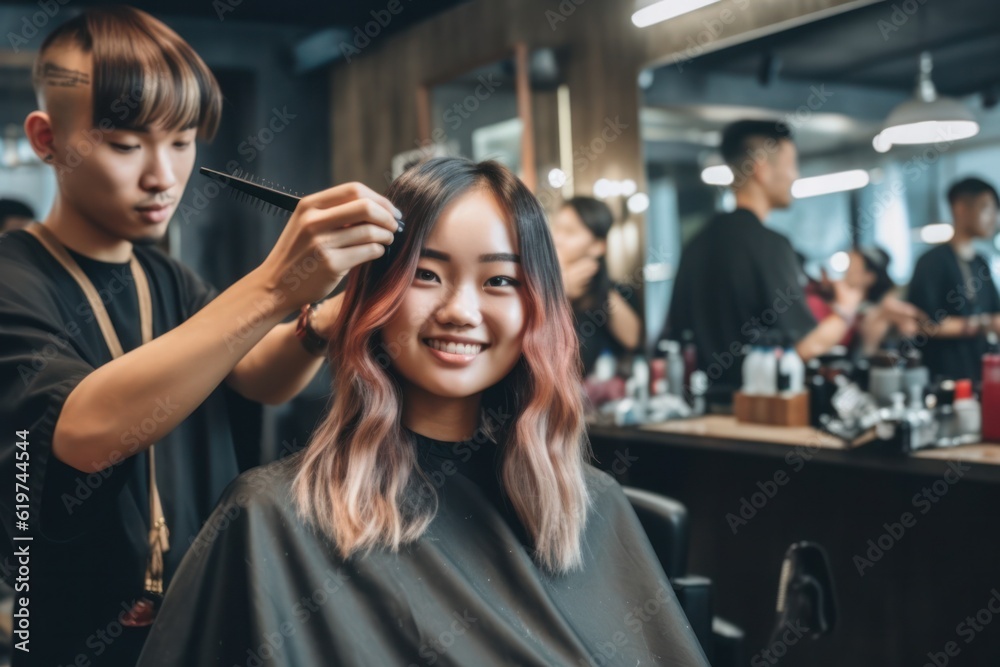 Barber occupation service: Skilled Asian Hairdresser using precision scissors to create a trendy haircut for a young woman