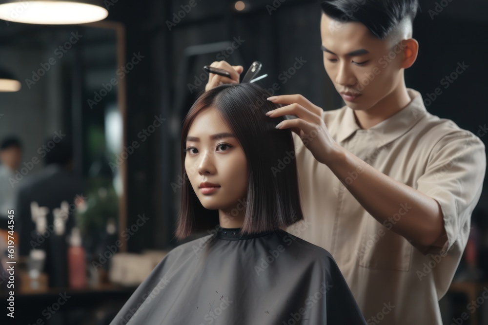 Barber occupation service: Skilled Asian Hairdresser using precision scissors to create a trendy haircut for a young woman Barber occupation service: Skilled Asian Hairdresser using precision scissors to create a trendy haircut for a young woman