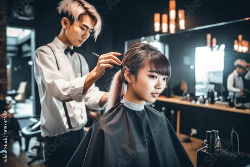 Asian Hairdresser providing a relaxing hair treatment, modern salon, expertise and luxury