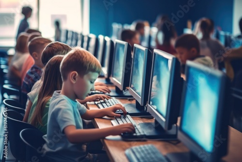 Schoolchildren using laptop in computer programming class for kids at school